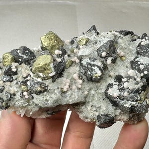 Wonderful chalcopyrite with sphalerite and micro crystals rhodochrosite on quartz,Madan, Bulgaria,Natural crystal,Top condition, N8373