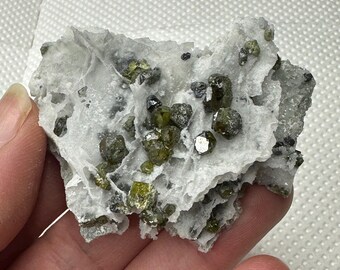 May include: A close-up of a mineral specimen featuring a matrix of white and gray rock. Embedded within the matrix are numerous small, dark green and black crystals. The crystals have a reflective, shiny surface. The overall appearance is rough and natural.