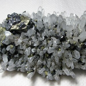 Stunning intergrown crystals chalcopyrite and galena on quartz with micro crystals sphalerite, Madan, Bulgaria, Natural crystal, N3196