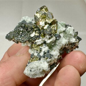 May include: A close-up of a mineral specimen featuring a cluster of lustrous, golden-green crystals atop a matrix of light green and dark gray minerals. The crystals have a metallic sheen, and the overall composition is intricate and textured.