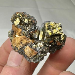 Peut inclure: Un groupe de cristaux de pyrite dorés et bruns sur une matrice. Les cristaux sont nets et bien formés, avec un éclat métallique.