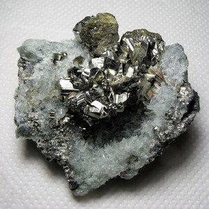 Stunning chalcopyrite with pyrite on quartz from the famous 9th of September mine, Madan, Bulgaria, Natural crystal, Top condition, N1403