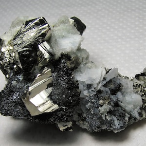 Lovely double sided shiny pyrite with sphalerite and quartz from the famous 9th of September mine, Bulgaria, Natural crystal, N1191