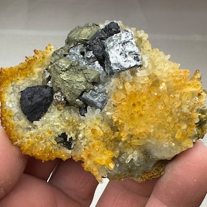 Nice chalcopyrite with sphalerite, galena and quartz with limonite, Bulgaria, Mineral, Natural crystal, N5785
