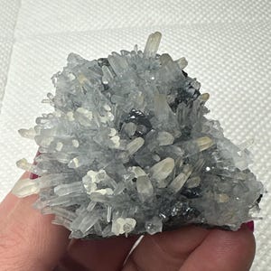 Puede incluir: Un grupo de cristales de cuarzo, con una mezcla de tonos claros y gris azulado pálido. Los cristales están densamente empaquetados, algunos translúcidos. La base parece oscura, posiblemente una matriz de otro mineral. La forma es irregular. Medidas en centímetros.