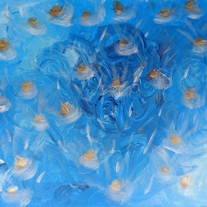 May include: Abstract painting with a blue background and white and gold brushstrokes. The painting has a swirling, dynamic feel.