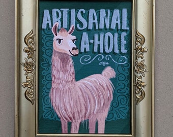 Llama Artisanal A-Hole Canvas Art Print in one of a kind upcycled Vintage Frame.