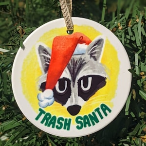 Trash Santa Ceramic Christmas Tree Ornament. Racoon