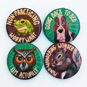 Four Pack 1.25&quot; buttons frog, squirrel, owl and hound dog