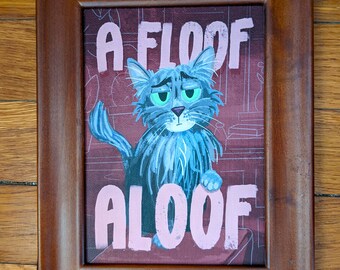 Gift-Sized A Floof Aloof Cat Art Print in Vintage Frame.