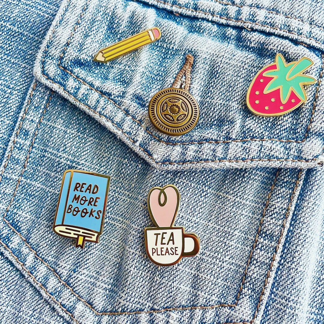 Set of 4 Cute Pins | Tea Cup Pin | Strawberry Pin | Book Pin | Pencil ...