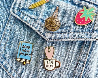 Set of 4 Cute Pins | Tea Cup Pin | Strawberry Pin | Book Pin | Pencil Pin | Kawaii Pins | Cute Pastel Pins | Accessories | Lapel Pins
