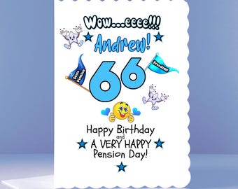 Personalised 66th Birthday Card - New Pensioner Celebration - Wow ...eee! in blue