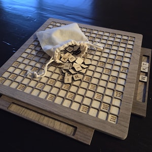 Handmade Mini Wooden Scrabble Board, Travel Game, Sliding Letter Tile Trays