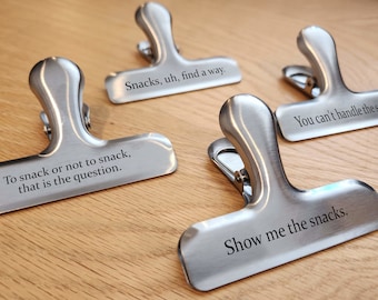 Movie Clips / Coffee / Snack Bag Clips (Set of Four) - Laser Engraved - Extra Heavy Stainless Steel - Water and Rustproof