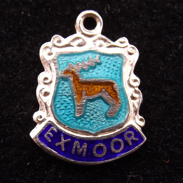 EXMOOR National Park in England vintage bracelet charm sterling silver and enamel travel shield place souvenir town charm Ward Bros  1965