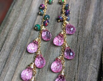 Pink Petals - Pink topaz earrings with black opal