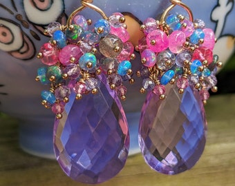 Hot mess earrings, Lavender quartz earrings with multi gemstone cluster in gold