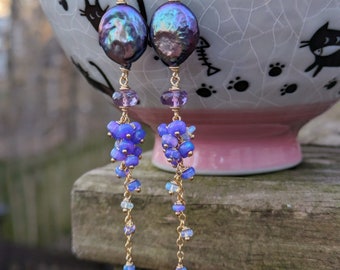 Blue peacock coin pearl earrings with amethyst and purple opal cluster