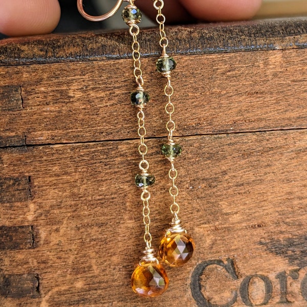 Moldavite and madeira citrine earrings in gold