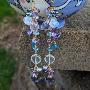 Long amethyst, moonstone and blue topaz earrings, multi gemstone earrings