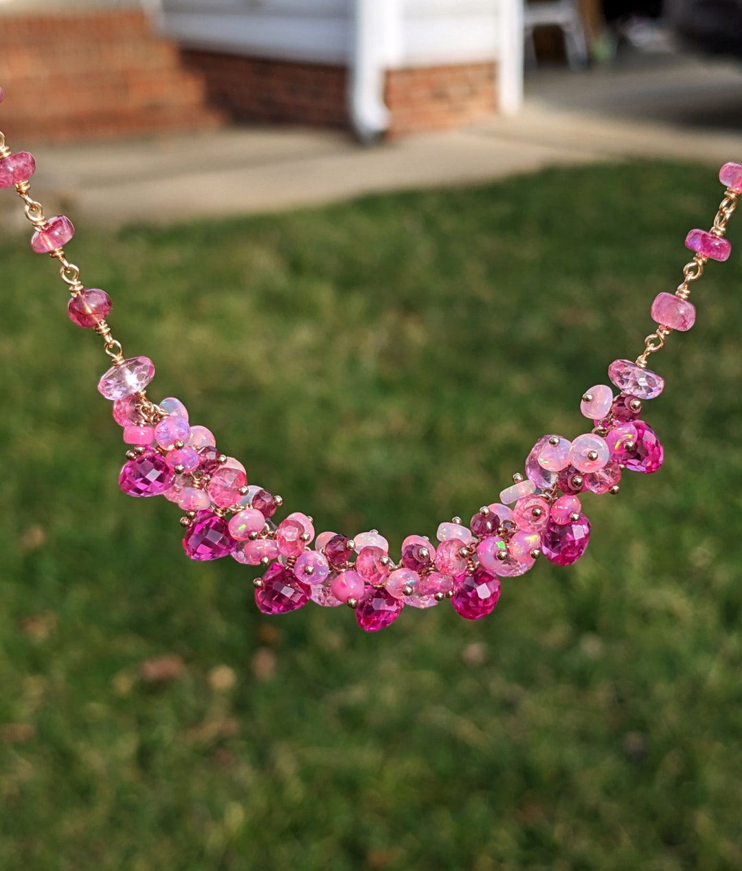 Hot Pink Gemstone Cluster Necklace Etsy