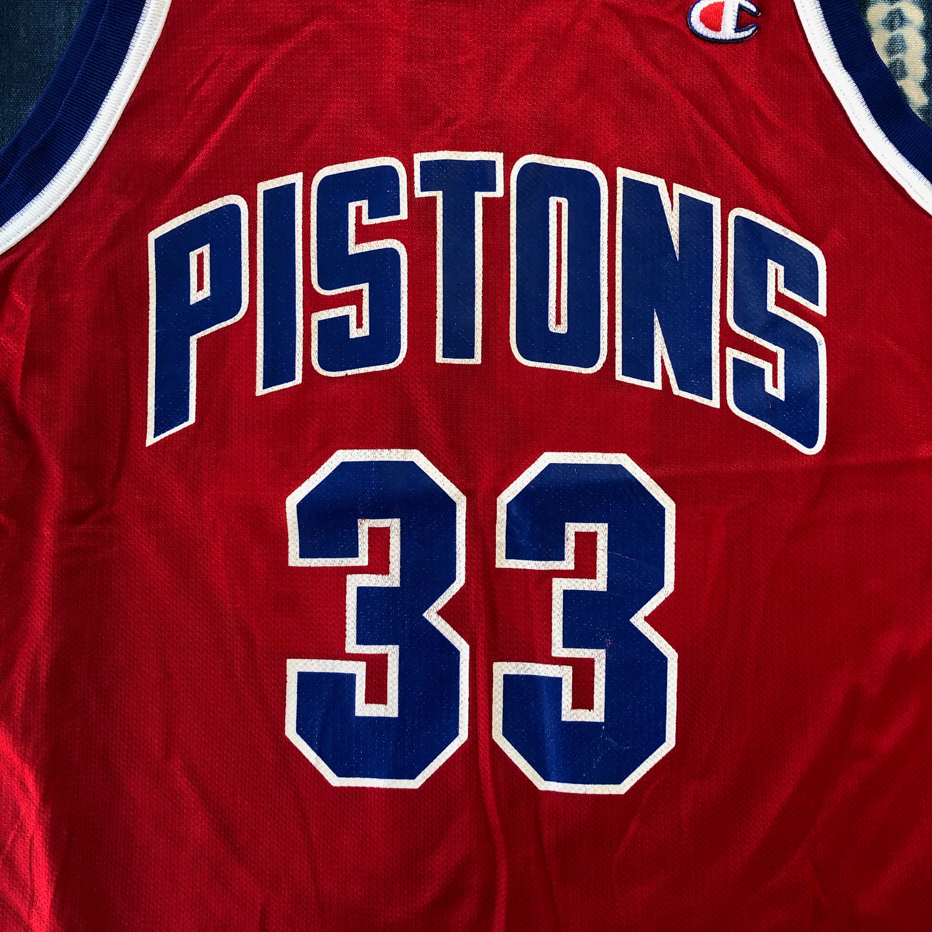 VINTAGE CHAMPION NBA DETROIT PISTONS HILL #33 JERSEY 1990s SIZE 44 MADE IN  USA