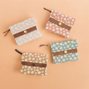 Cartera minimalista con cierre a presión de cuero / Cartera pequeña para mujer / Mini cartera a presión de cuero de lona floral / Lindo regalo para ella