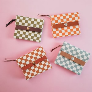Cartera minimalista a cuadros retro con cierre a presión de cuero / Cartera pequeña para mujer / Cartera mini de cuero de lona / Lindo regalo para ella