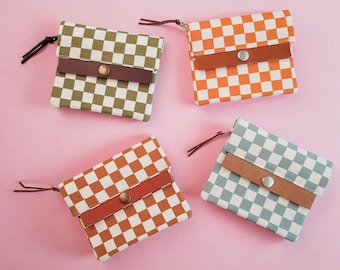 Checkered Canvas Mini Wallet: Vegan Leather Snap Closure