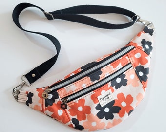 SLIM Ferris Fanny Pack | Black Orange Floral Crossbody Sling Bum Bag | Hipster Belt Bag | Adjustable & Detachable Strap | FREE Shipping