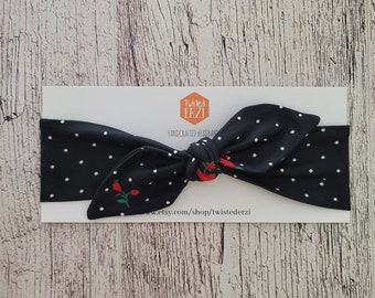 Polka Dot & Rose Bow Headband – Retro Pinup Style, Adjustable Tie