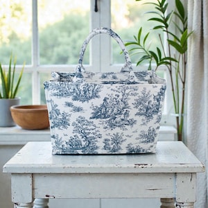 Sac à main cabas en toile de Jouy imprimé avec poignée sur le dessus en bleu marine avec fermeture à glissière | Fabriqué sur commande