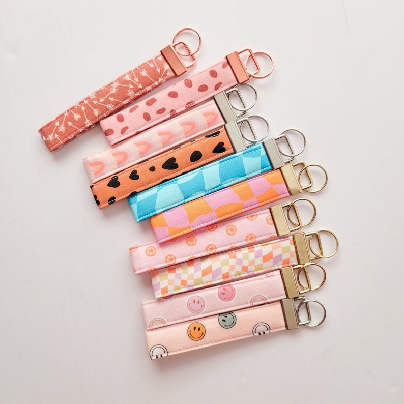 Wristlet Lanyard Keychain Smiley Face Checkerboard Keychain Customize your hardware Gold Rosegold Silver Key Fob Cute Gift for Her image 1