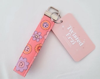 Flower Smiley Face Keychain Wristlet | Lanyard Key Fob Strap