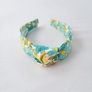 Retro Floral Blue Green Knotted Headband for Women | Fabric Covered Top Knot Headband | 2 inch Wide Padded Headband | Comfortable Fit