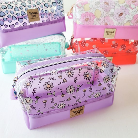 Two-Tone Clear Vinyl Boxy Pouch: Floral Cosmetic Bag