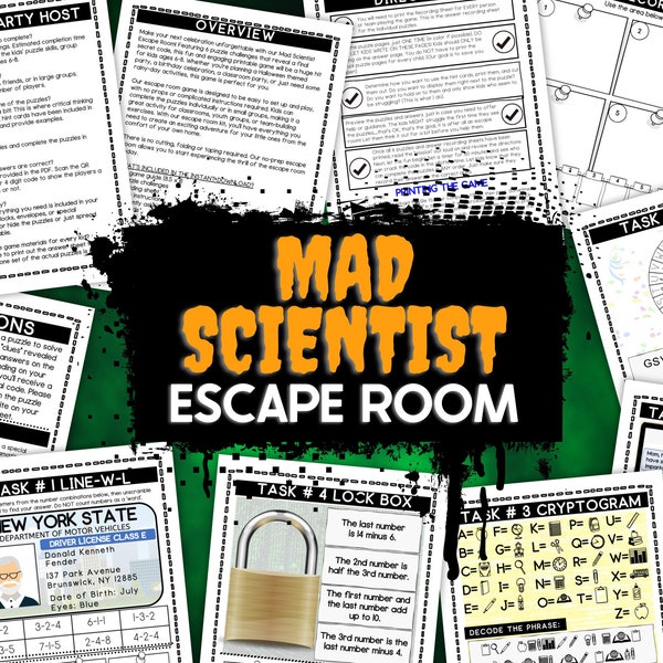 Mad Scientist Escape Room Game, Halloween Escape Room Game, Escape Room Kit - Instant Download