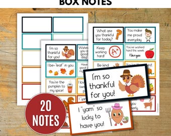 Notas para la lonchera de Acción de Gracias para niños, notas para la lonchera de otoño, plantillas de notas para la lonchera, afirmaciones positivas para niños