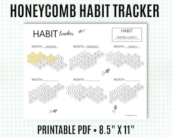 May include: Printable honeycomb habit tracker with a bee illustration. The tracker has six sections for each month of the year. Each section has a honeycomb design with numbers 1-31 to track daily habits. The habit is "Taking Lunch".
