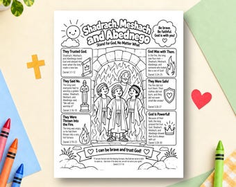 Shadrach Meshach and Abednego Bible Story Coloring Page, Bible Study Activity, Sunday School Activity, Children's Ministry, Old Testament