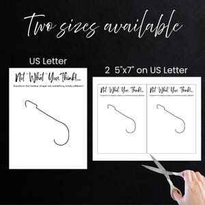 May include: Two white US Letter prints and two 5"x7" prints with the text "Not What You Think!" and a line drawing of a hanger. The prints are on a black background with the text "Two sizes available".