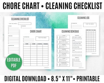 Chore Chart Printable, Cleaning Schedule, Digital Chore Chart, Weekly Cleaning Checklist, Chore Printable PDF - Editable PDF Bundle C001