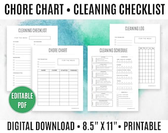 May include: Printable chore chart and cleaning checklist set with black text on a white background. The set includes a cleaning checklist, chore chart, cleaning log, and cleaning schedule. The text "Editable PDF" is in a green circle.
