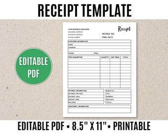 Receipt Template Editable Printable, Order Receipt - Editable PDF
