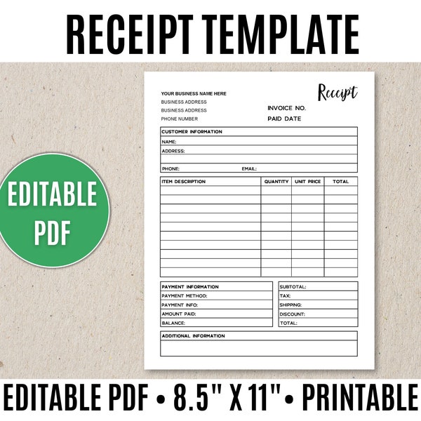 Modello di ricevuta modificabile stampabile, ricevuta dell'ordine - PDF modificabile
