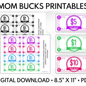 Puede incluir: Sistema de gestión del dinero Mom Bucks imprimible para niños. La hoja imprimible incluye denominaciones de 1 €, 5 € y 10 €. La hoja imprimible mide 8,5 pulgadas por 11 pulgadas.
