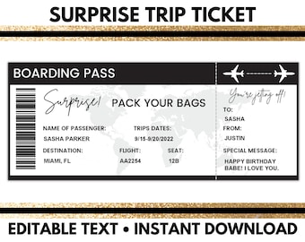 Custom Boarding Pass, Surprise Trip, Surprise Ticket, Boarding Pass Template - Editable PDF