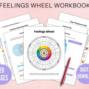 以下が含まれることがあります： 「Feelings Wheel Workbook」というタイトルの20ページのワークブック。ワークブックには、感情の輪、体温計、感情を探求し、怒りを管理し、恐怖を特定するためのワークシートが含まれています。ワークブックはデジタルダウンロードとして入手できます。