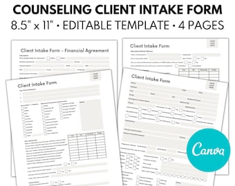 May include: A four-page counseling client intake form template in black and white with a gray background. The template includes sections for client information, financial agreement, education and work history, and a risk assessment.